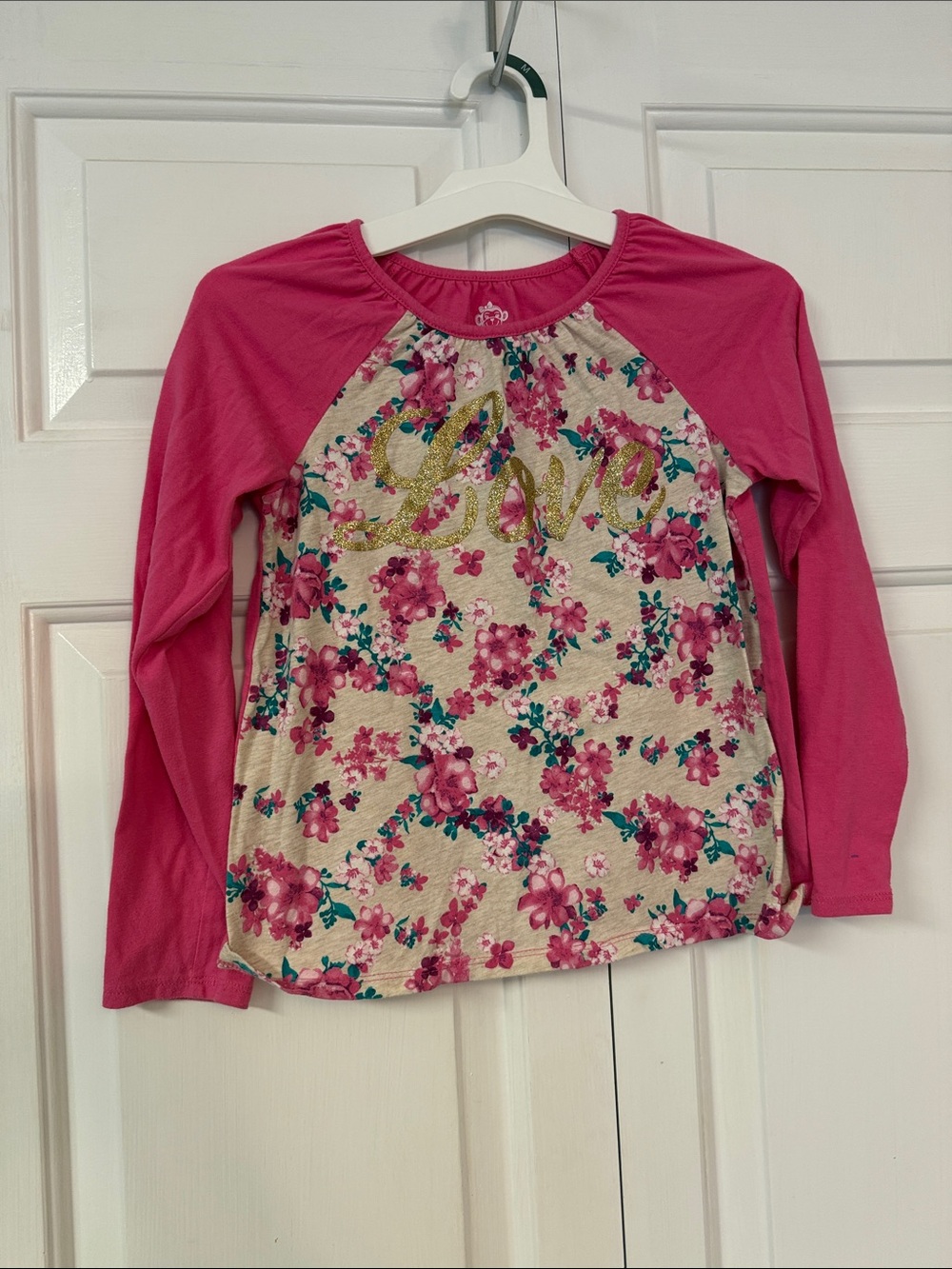 Girls' Pink Floral Long-Sleeve Tee with Gold 'Love' Script